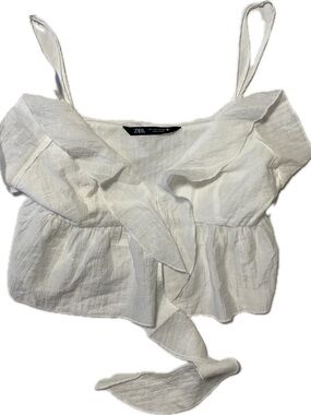 Zara White Ruffle Tie-Front Crop Top